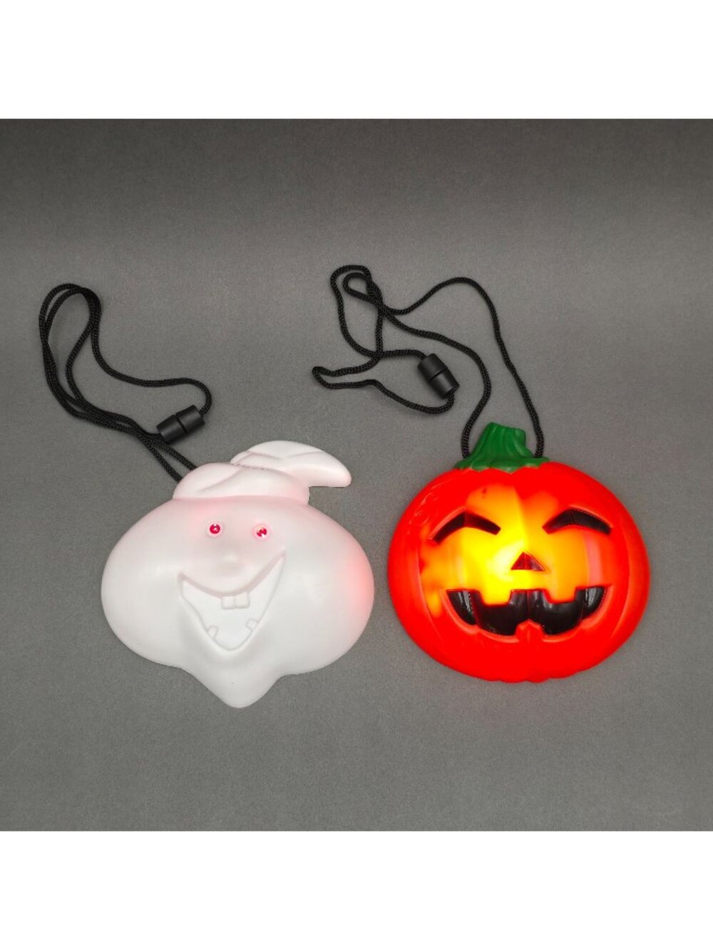 Vintage Halloween Light Up Flashing LED Pumpkin Ghost Necklace Set 2 Works Great